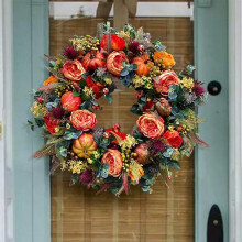 ¡Liquidación de decoraciones de Halloween! Corona de calabazas estilo granja para puerta principal, decoración otoñal con lazos y bayas,