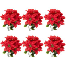 6 phíosa bláth Nollag poinsettia saorga, bouquet poinsettia dearg staimín órga socruithe bláthanna saoire bréige DIY le haghaidh maisiúcháin