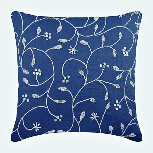 Capa de almofada quadrada azul royal de 45x45cm (18x18 polegadas), algodão e linho, estampa floral com folhas e miçangas - Day Dreamer