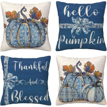 Fundas de almohada estilo chinoiserie azul para otoño, 22x22 pulgadas, juego de 4. Fundas de cojín con diseño de hojas de calabaza para la