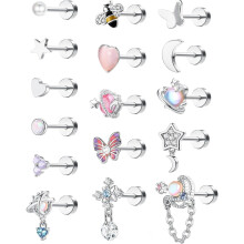 Jstyle 16Pcs Stainless Steel Dangle Cartilage Earrings for Women Men, 16G 20G Butterfly Heart CZ Opal Flat Back Tragus Helix Daith Piercing Jewelry