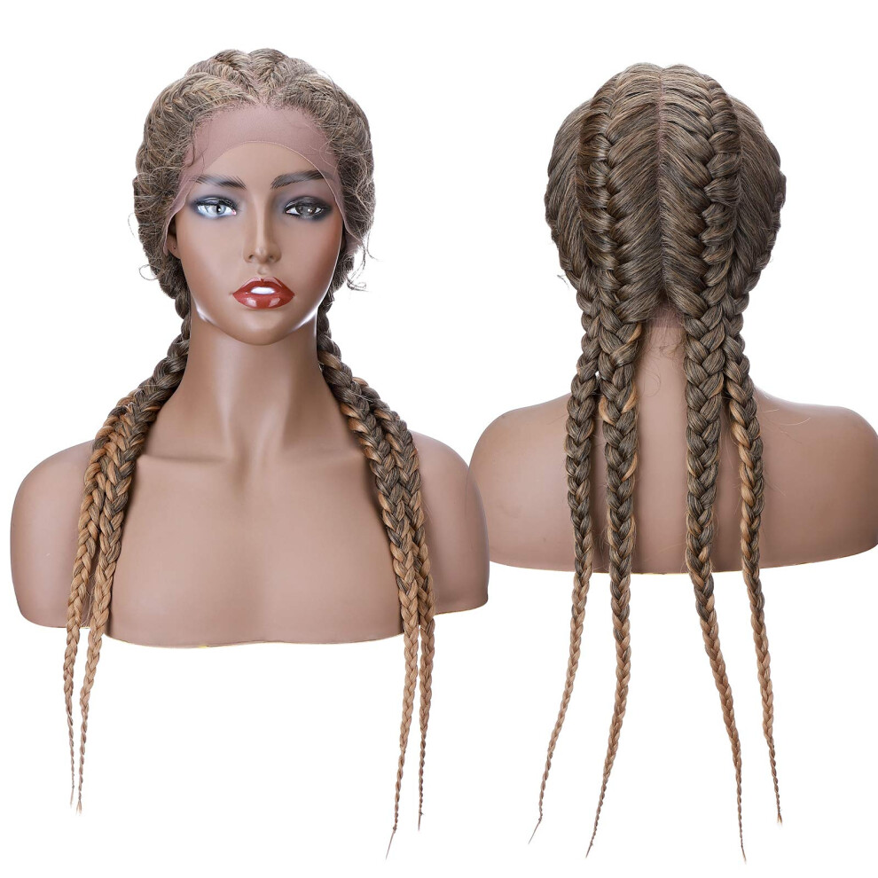 Braided Wig Lace Front 24 Inch Synthetic Hand Tied Double Dutch Cornrow Box Braids with Baby Hair Black to Dark Blonde for Women