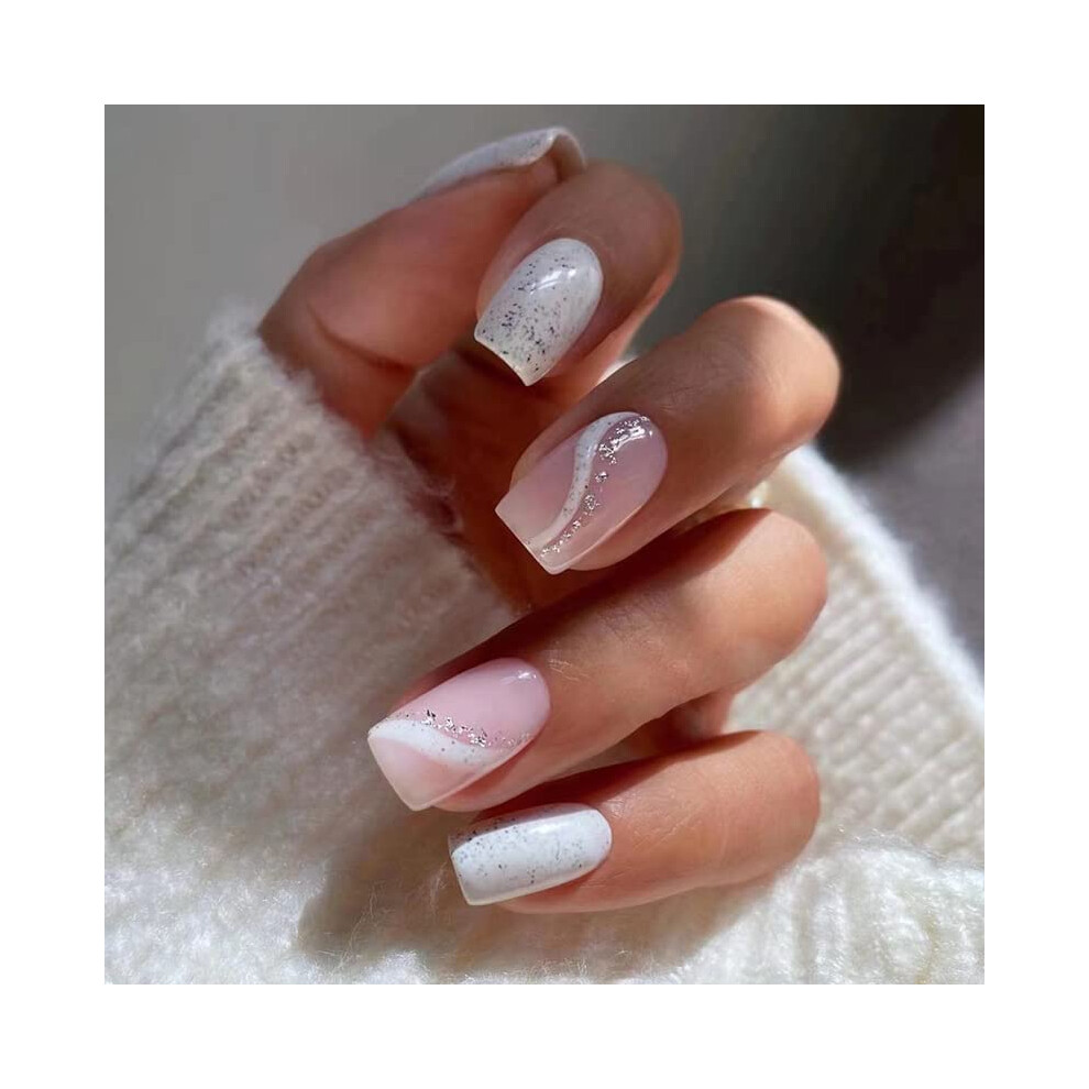Pink and White Swirl Press On Nails Short Square Glitter Fake Nails Acrylic Glue Set 24 Pieces