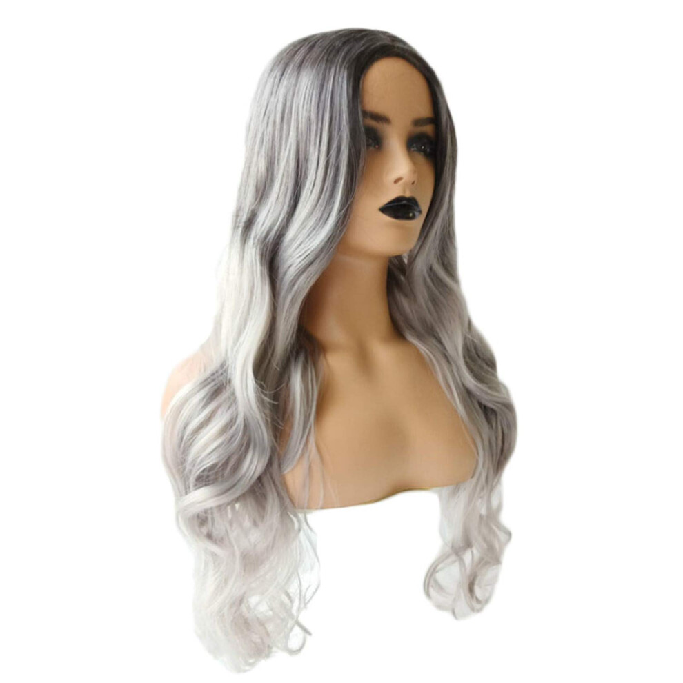 Long Curly Wavy Wig for Women Grey Body Wave Synthetic Hair with Natural Movement for Cosplay Party