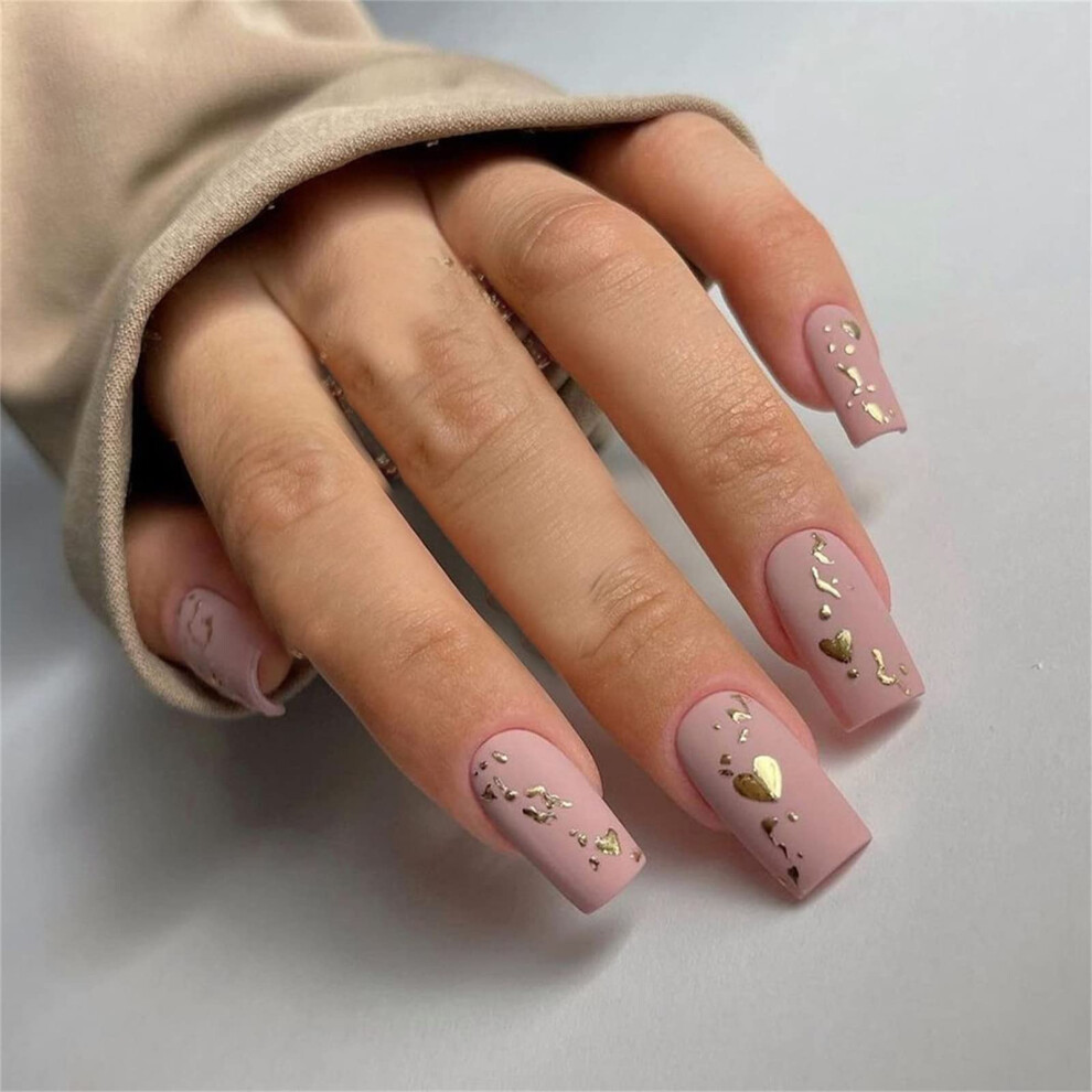 24pcs French Square Short Press On Nails with Glue, Heart Design, SalonQuality Finish for Women