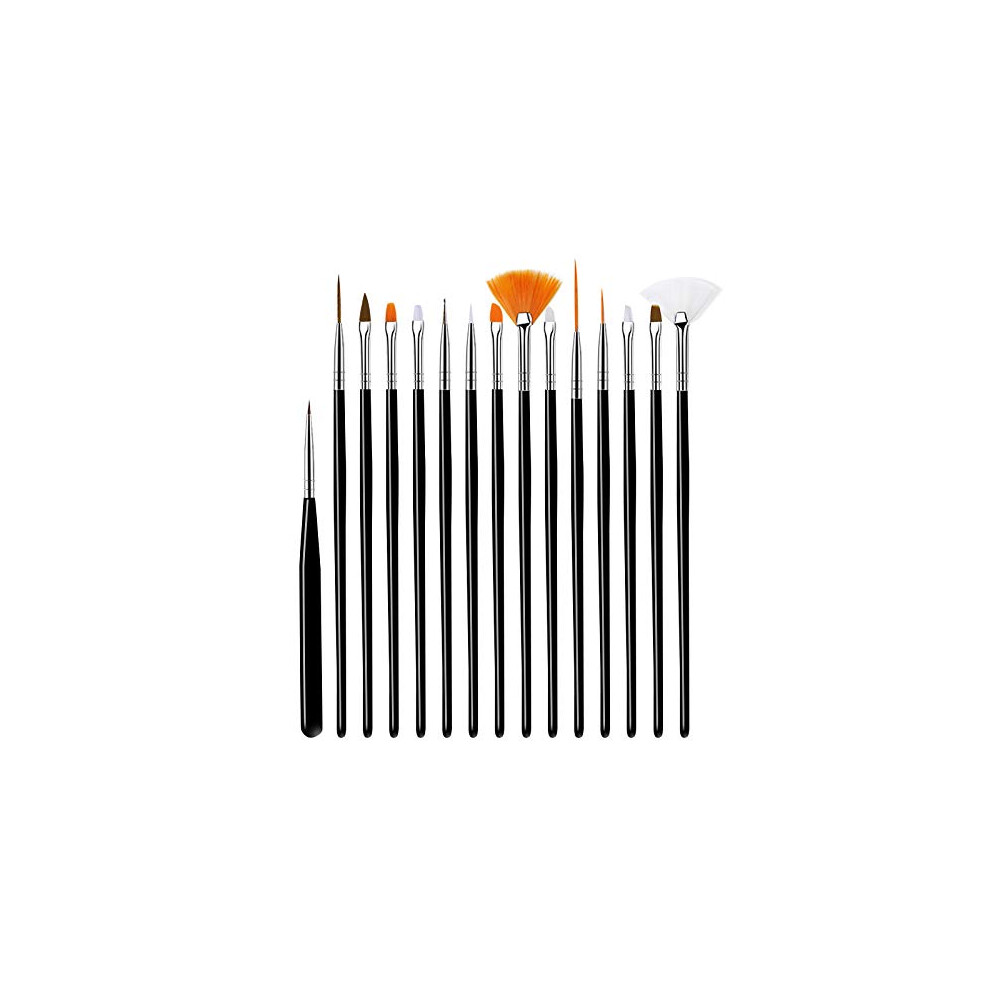 Black 15 Piece Nail Art Brush Set With Dotting Tool, Professional Brushes For Acrylic And Gel Design