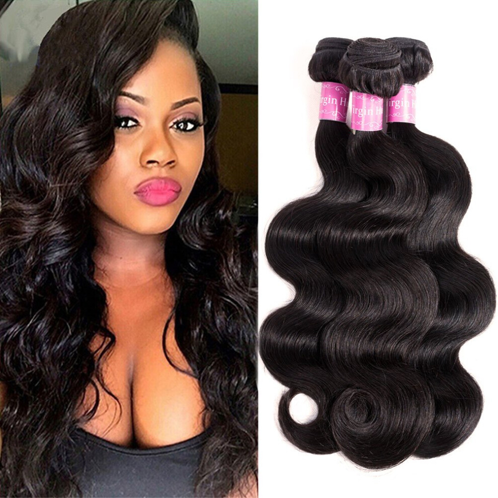 Unisex Black Brazilian Virgin Body Wave Human Hair Bundles 3Pcs Natural Unprocessed Extensions
