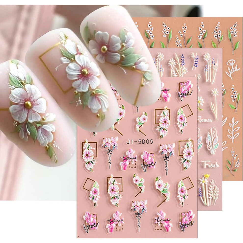3D Flower Nail Art Stickers Self Adhesive 5D Floral Design Decals for Gel and Acrylic Nails