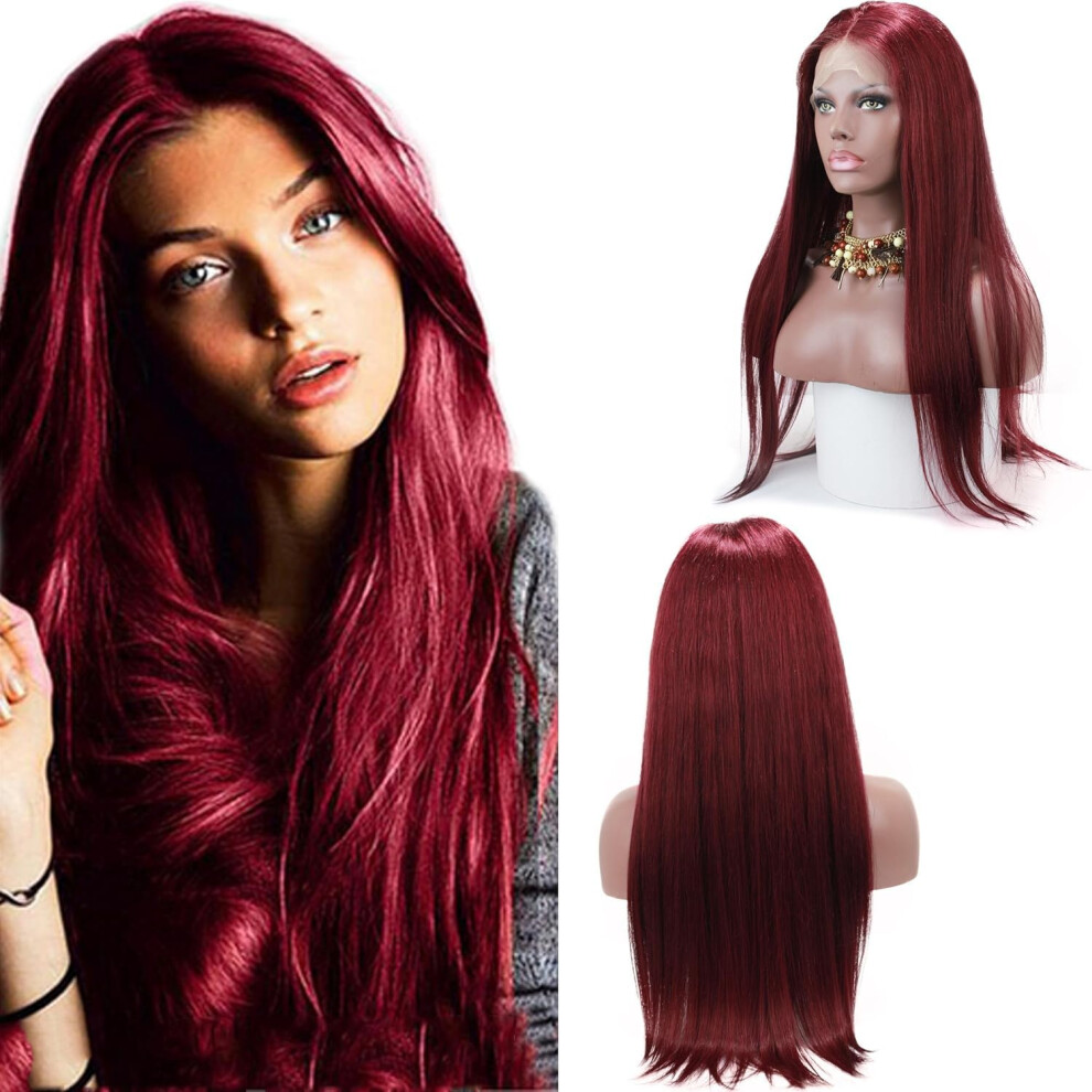 Unisex Red Human Hair Lace Front Wig 99J Burgundy Wine Glueless Virgin Brazilian Straight Preplucked With Baby Hair