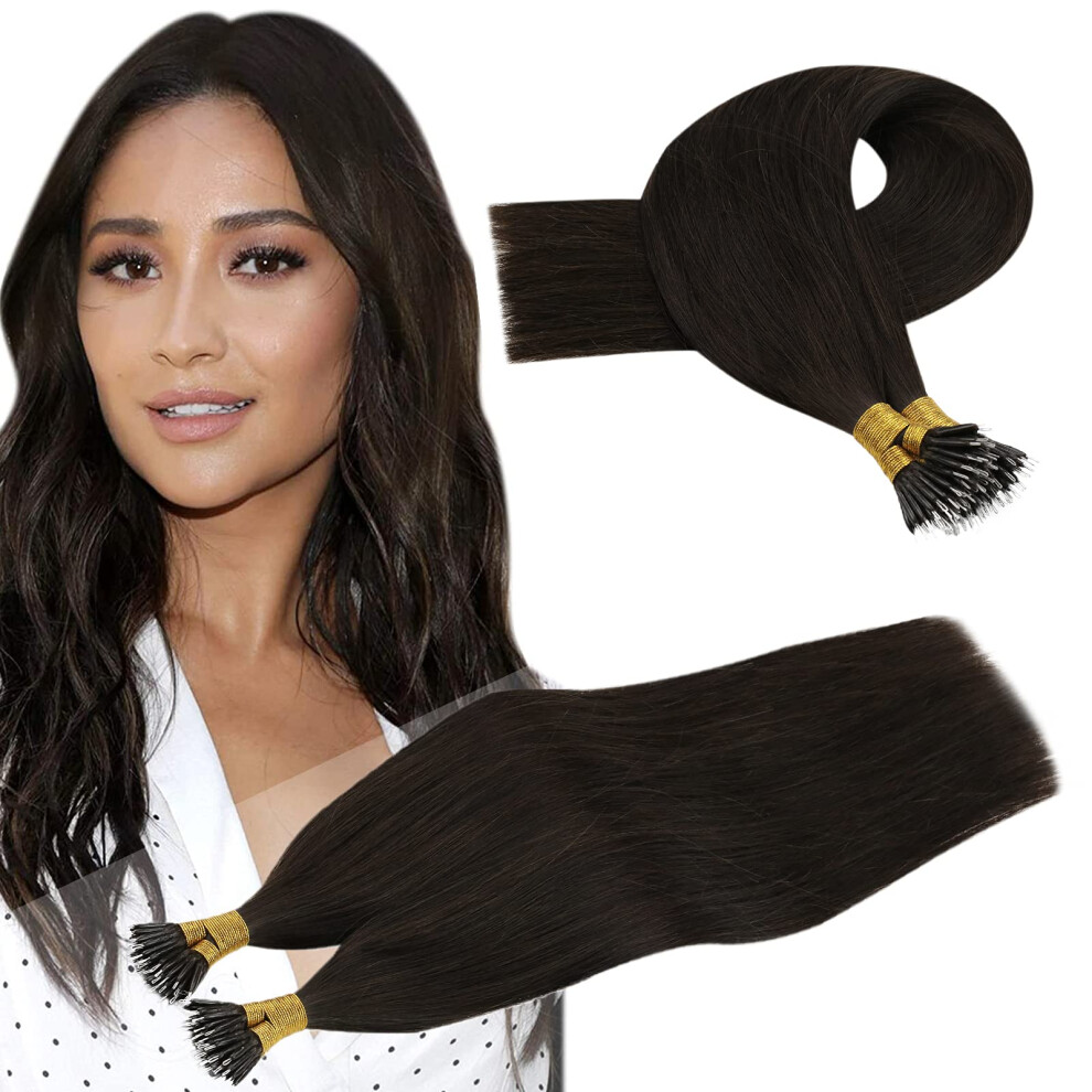 Unisex Brown Nano Ring Hair Extensions 18 Inch Darkest Remy Human Hair Pre Bonded Nano Tip Seamless Blend