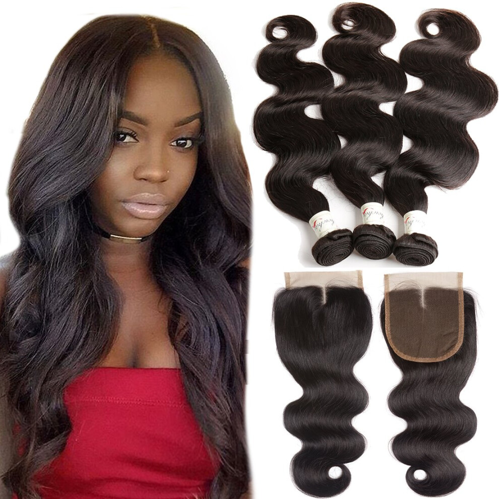 Unisex Black Brazilian Body Wave Hair 10A Virgin Human Hair 3 Bundles With Middle Part Lace Closure