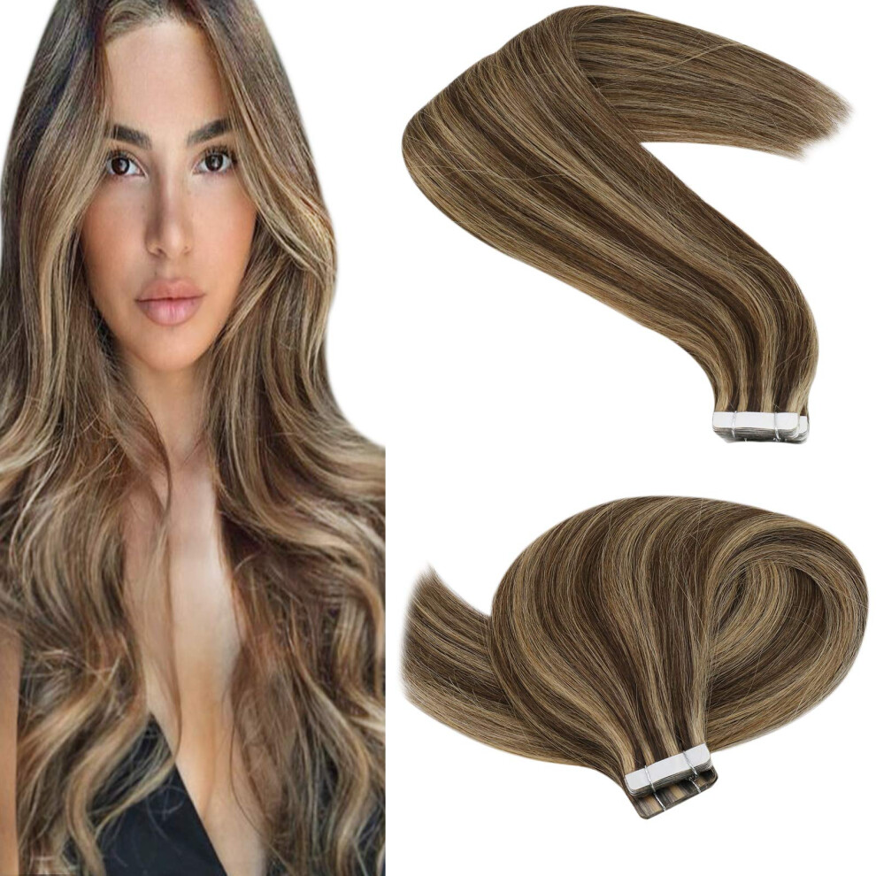 Tape In Hair Extensions 20 Inch Dark Brown Caramel Blonde Remy Human Hair Invisible Hairline Reusable