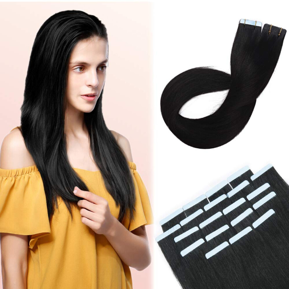 Unisex Black 16 Inch Tape In Hair Extensions Remy Human Hair Seamless Soft Silky Natural Blend