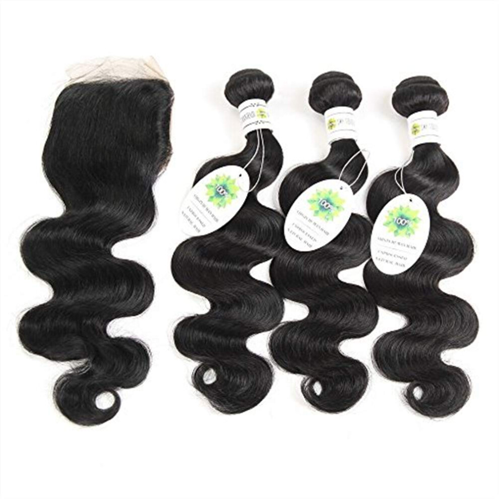Peruvian Body Wave Hair 3 Bundles with 4x4 Lace Closure Virgin Human Hair Extensions 8A Grade