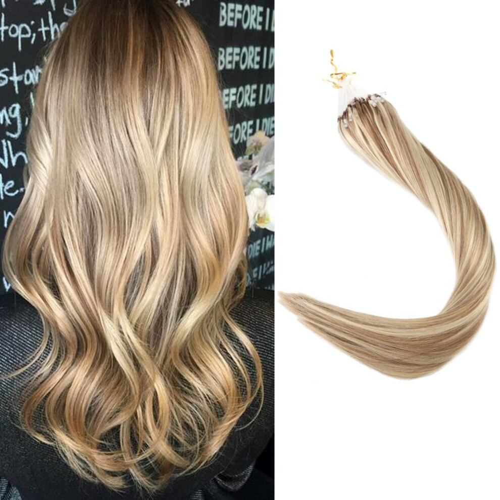 Unisex Brown 22 Inch Micro Ring Loop Hair Extensions Golden Remy Human Hair 1G Strand 50G Pack Natural Blend
