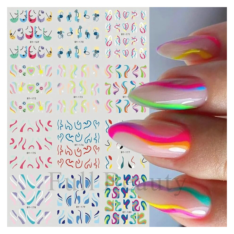 12 Sheets Rainbow Swirl Nail Art Stickers, 3D SelfAdhesive Nail Decals for Creative DIY Manicure