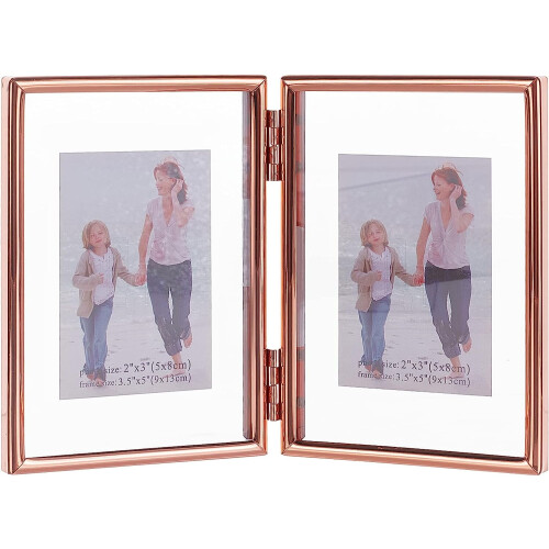 5x7" Folding Double Metal Photo Frame, Double-Sided Glass Hinged Frame, Compatible with Desktop/Tabletop Display