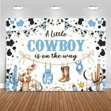 Sfondo per baby shower per maschietto - Striscione blu "Un piccolo cowboy sta arrivando", cabina fotografica a tema Far West, rodeo e cowboy (21 x