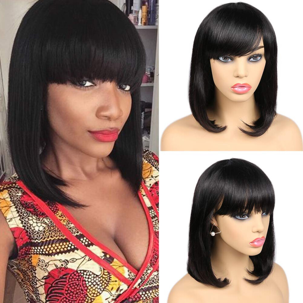 Brazilian Human Hair Short Bob Wig with Bangs, Straight Black 12 Inch, Natural Look for Black Women