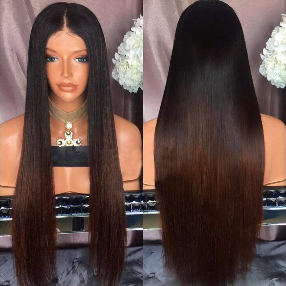 Unisex Black,Brown Ombre Human Hair Wig Black To Brown 360 Lace Frontal Brazilian Virgin Hair Pre Plucked Bleached Knots Silky Straight Long Wig