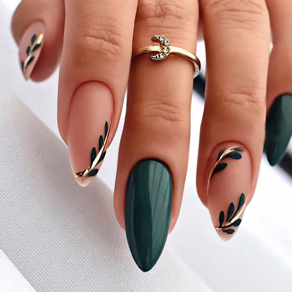 Green Press On Nails With Adhesive Tabs, 24Pcs Medium Glossy Fake Nails Leaf Design Reusable Set