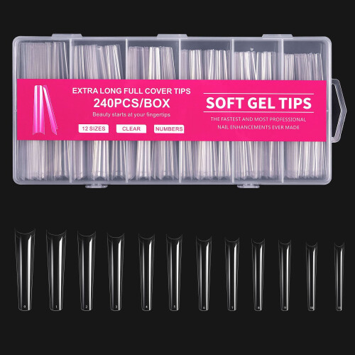 240pcs Extra Long Coffin Soft Gel Nail Tips Transparent Full Coverage Extensions with Box
