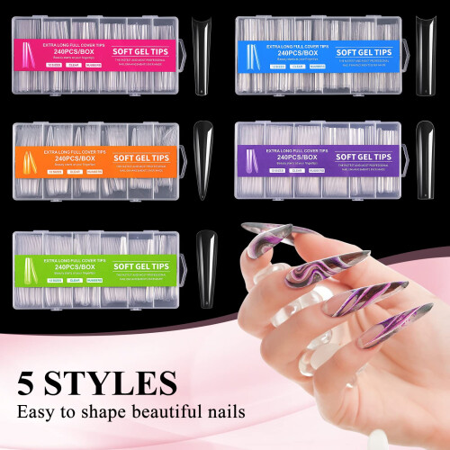 240pcs Extra Long Coffin Soft Gel Nail Tips Transparent Full Coverage Extensions with Box 1