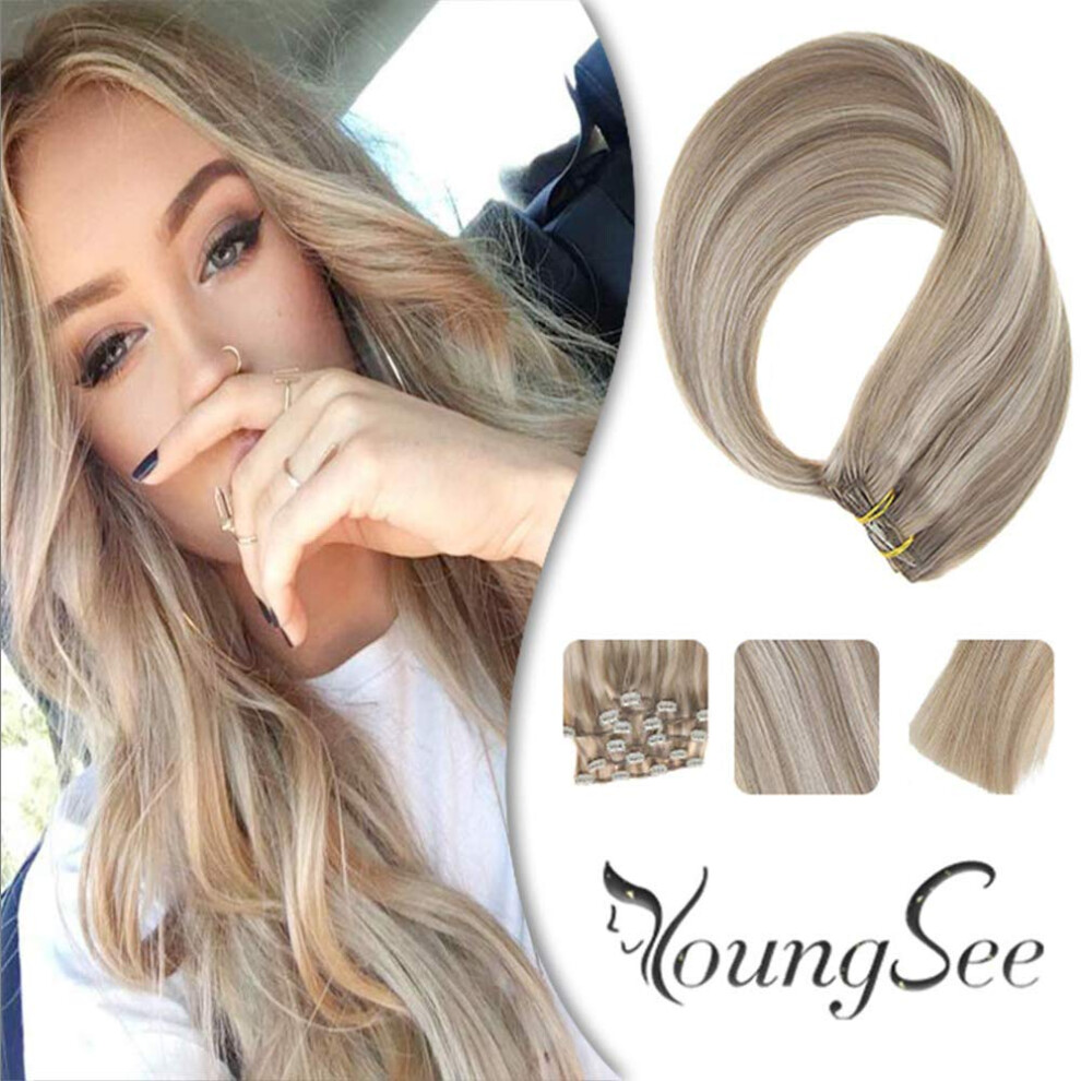 Unisex Dark/Golden Clip In Hair Extensions 16 Inch Double Weft Human Hair Highlighted Blonde Full Head 7Pcs 120G
