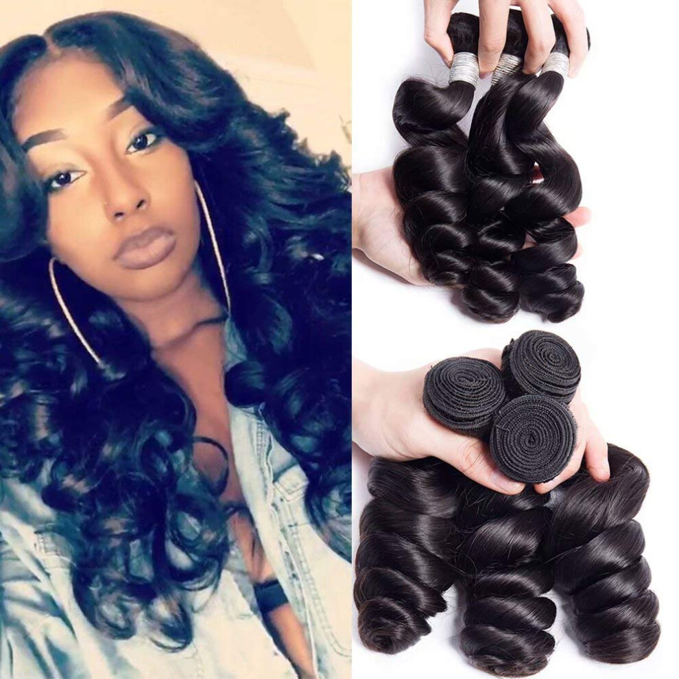 Unisex Black Brazilian Loose Wave Human Hair Bundles 3Pcs Virgin Remy Extensions Natural Double Weft