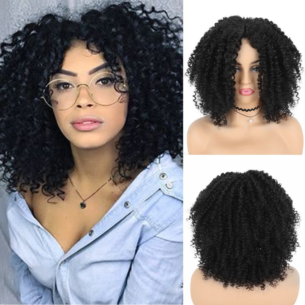 Unisex Black Short Afro Kinky Curly Synthetic Wig For Women Heat Resistant With Cap