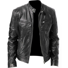 (Black, L) Men Leather Faux Jacket Motorcycle Biker Slim Fit Coat Warm Outwear Outwear Tops