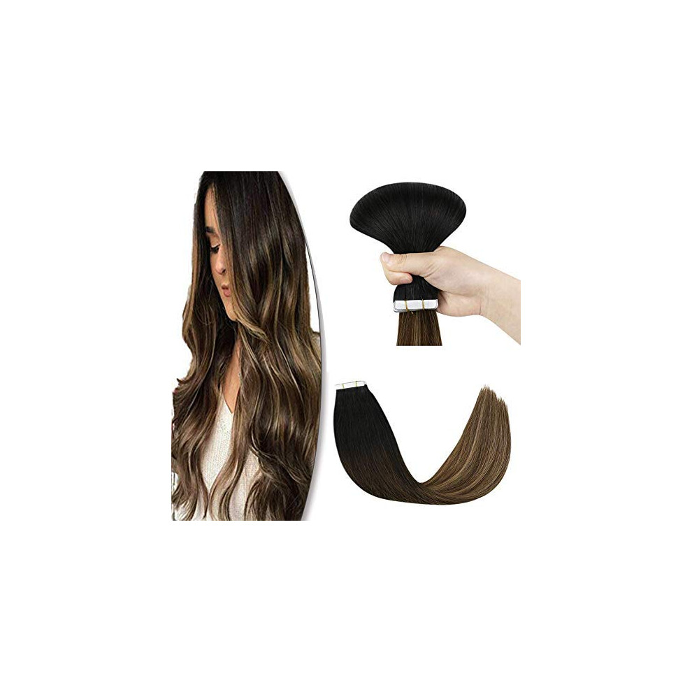 Unisex Black Tape In Hair Extensions 16 Inch Balayage Human Hair Natural To Blonde Instant Length And Volume