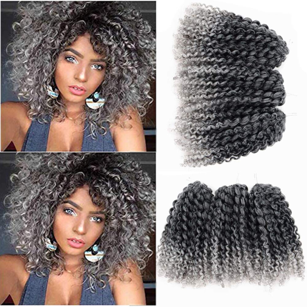 Unisex Grey Crochet Braids Hair 8 Inch Marley Bob Synthetic Afro Kinky Curly Extensions 1B Ombre