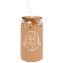 16oz Can Shaped Glass Iced Coffee Cup with Bamboo Lid and Straw Gift Mystical Zodiac Horoscope (Scorpio)