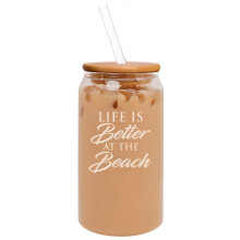 16oz Can Shaped Glass Iced Coffee Cup with Bamboo Lid and Straw Gift Life Is Better At The Beach