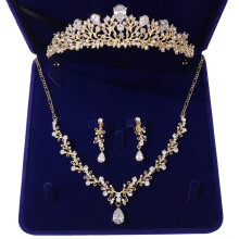 Conjunto de collar, pendientes y corona de plata/oro para novia, joyas nupciales de cristal, gargantilla y tiara de circonita para mujer.