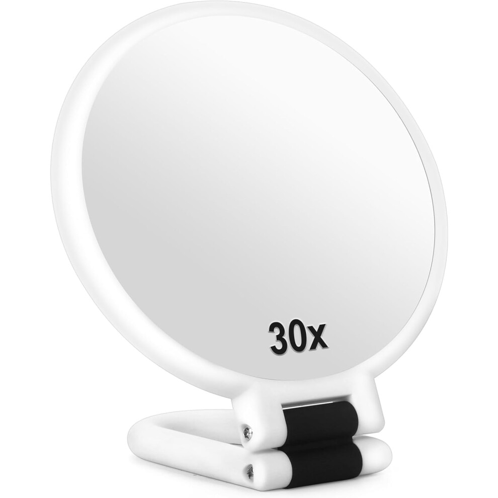 30x Magnifying Mirror, Travel Hand Mirror with Handle - Double Side 1X/30X, Adjustable Stand, Foldable for Makeup (Black)