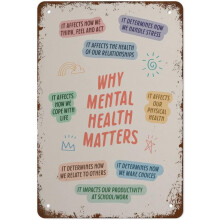 Póster con la frase "¿Por qué importa la salud mental?", ideal para la decoración de consultorios de terapia. Letrero metálico vintage de 30 x