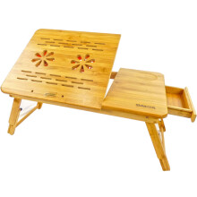 Bandeja grande de bambu para laptop com ventilador USB - Ajustável, dobrável, 8 ângulos, porta-copos, gaveta - Compatível com cama e sofá