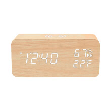 Kiplyki digitale wekker met draadloos opladen, digitale temperatuur- en vochtigheidsmeter, drie alarmen en snooze-functie.