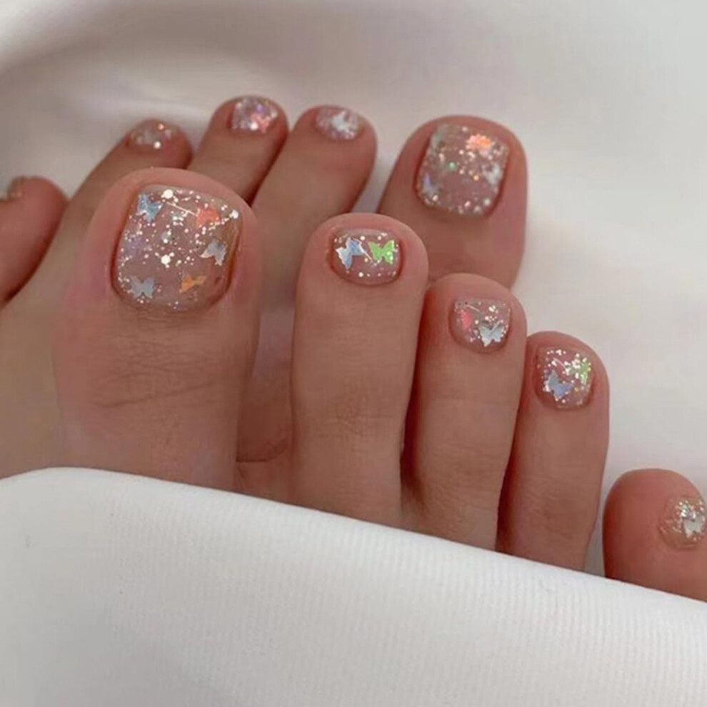 Butterfly Glitter Press On Toenails Set with Rhinestones, Square Full Cover Fake Toenails 24Pcs
