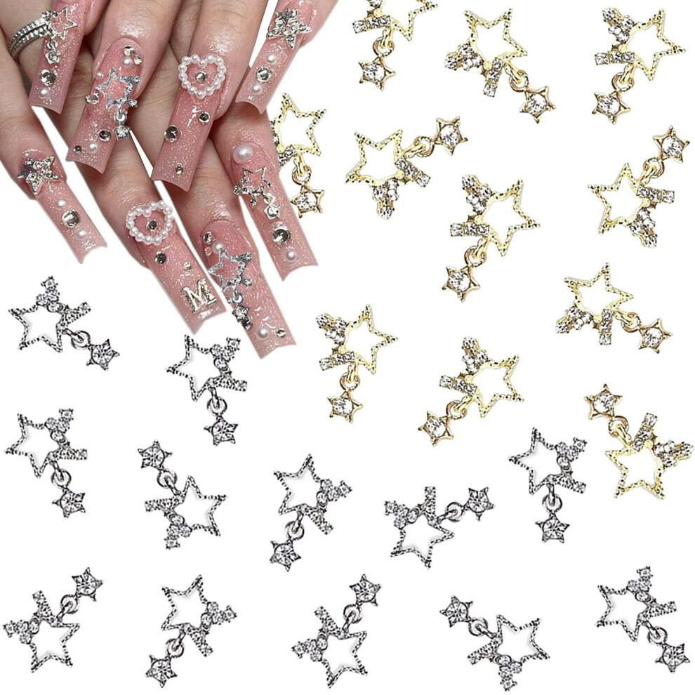 Shiny 3D Star Nail Charms with Rhinestones, 16 Pcs Alloy Nail Decorations for Acrylic Nails