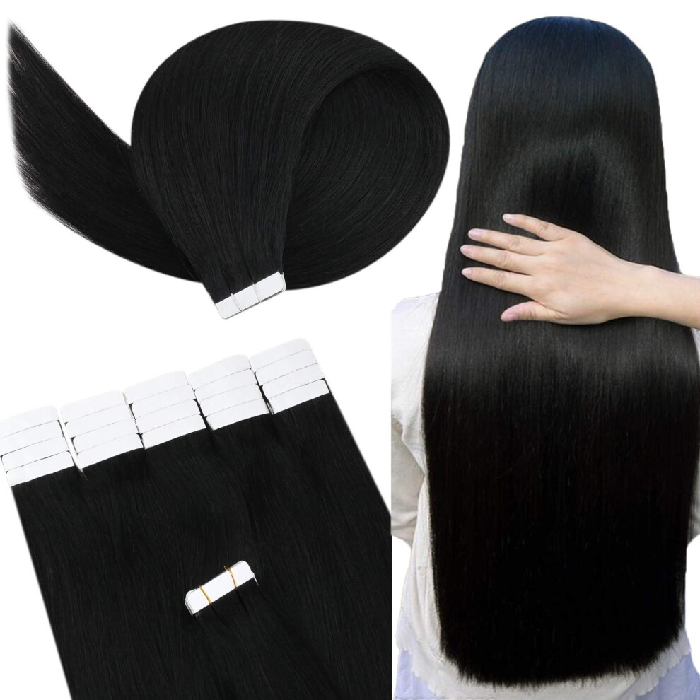 Unisex Black Tape In Human Hair Extensions 14 Inch Jet Remy Invisible Seamless Reusable Hair Wefts 20Pcs
