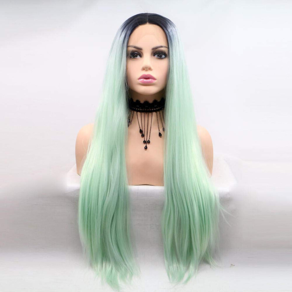 Green Lace Front Wig 24 Inch Long Straight Synthetic Cosplay Heat Resistant Natural Hairline