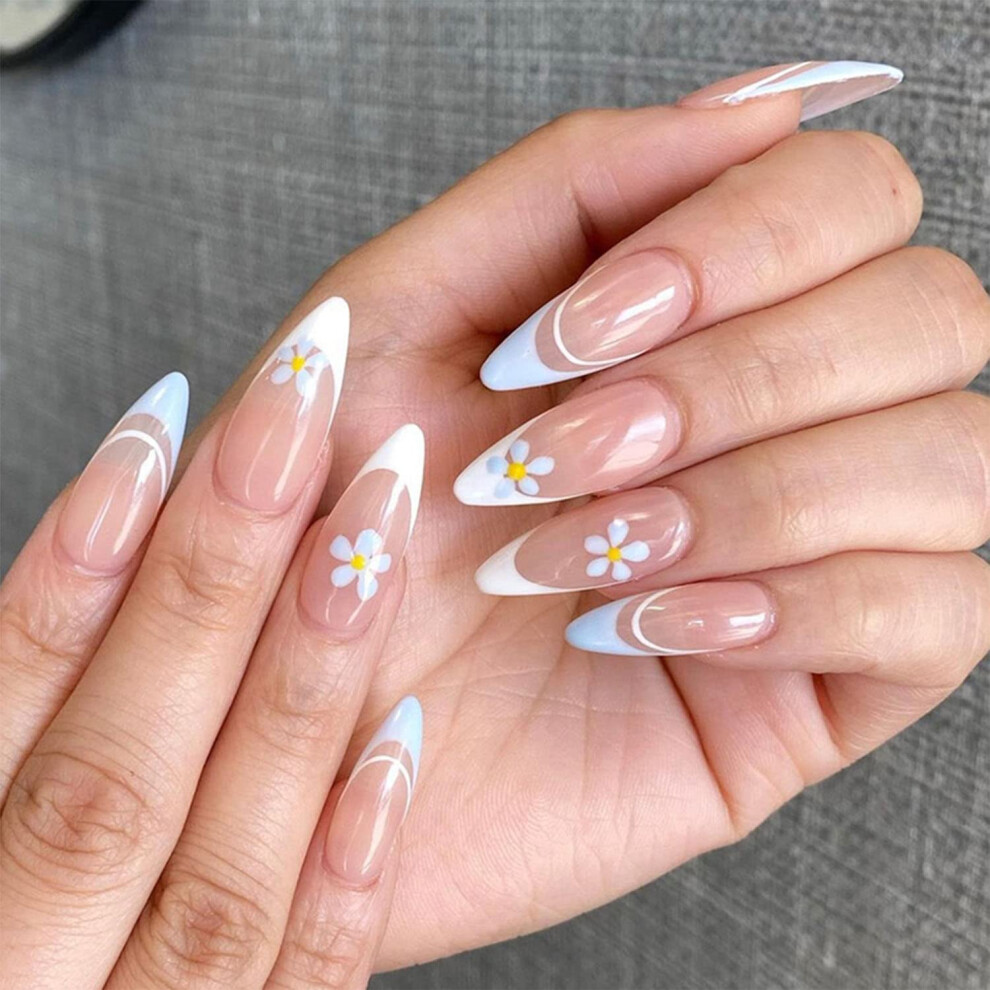 Blue,Pink Medium Pink Almond Press On Nails With Blue Flower French Tips, 24Piece Fake Nail Set