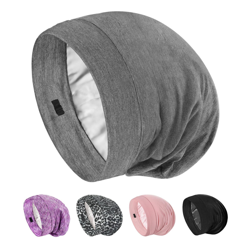 Unisex Grey Mulberry Silk Sleep Cap Anti Frizz Adjustable Bonnet For Curly Hair Night Protection Dark