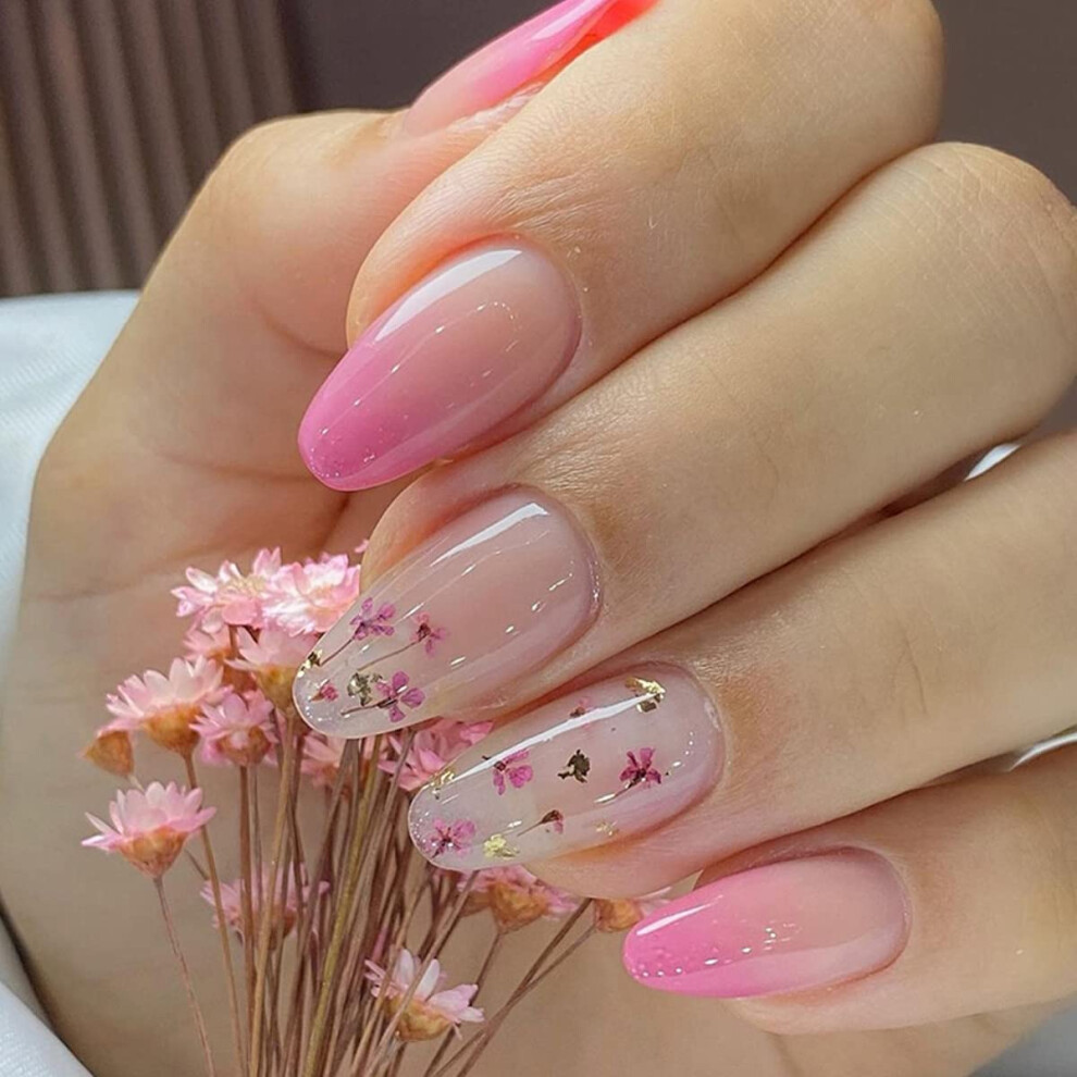 Pink,Cream Gradient Pink Nude Floral Press On Nails With Glue, Reusable Fake Nails For Women Manicure
