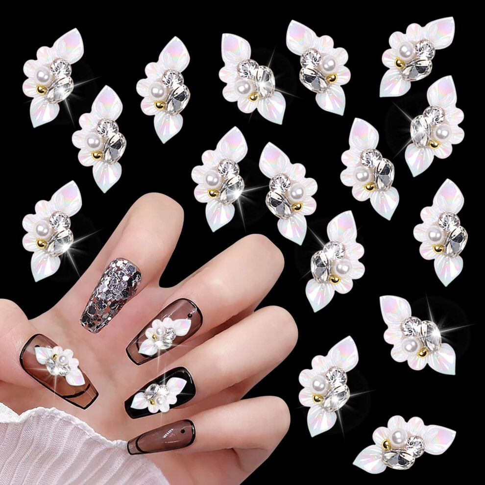 White Flower 3D Nail Charms With Pearls And Rhinestones For Manicure Nail Art Decorations