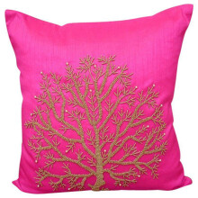 Fețe de pernă HomeCentric, huse de copac cu mărgele roz fuchsia, pachet de 2, 35x35 cm, perne decorative pătrate din mătase - Copacul vieții