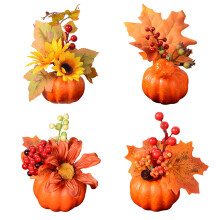 Conjunto de 4 Abóboras Artificiais Sopradas à Mão com Flores Artificiais, Decoração de Mesa para Outono, Halloween e Ação de Graças, 15x15x8